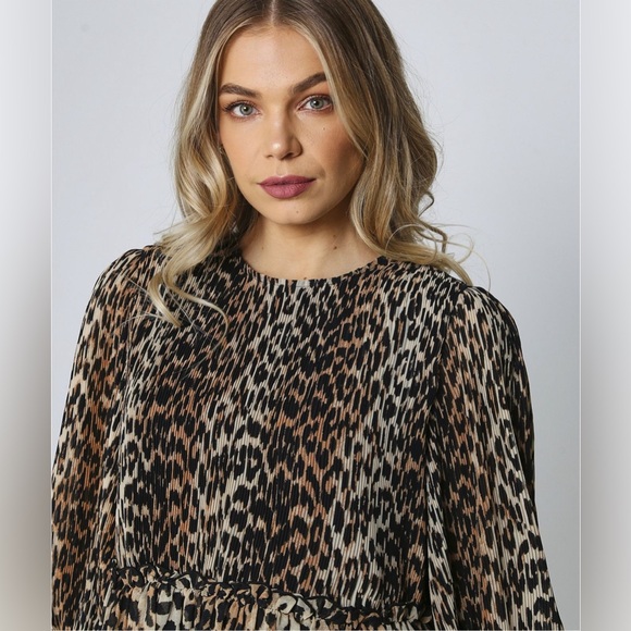 GANNI Pleated Leopard Print Georgette Mini Dress, Size M - Picture 4 of 16